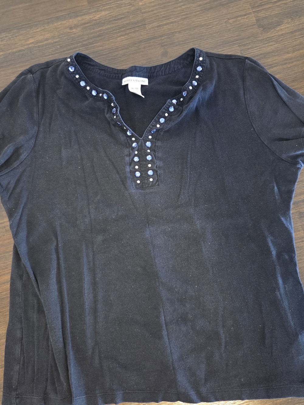 Rebecca Malone‎ Black Short-Sleeve Henley with Blue Bead Trim